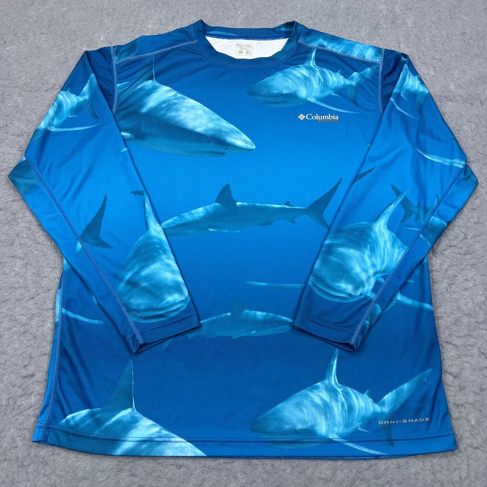Columbia PFG Shirt Mens Large Blue Long Sleeve Shark AOP‎ Ocean Fishing Graphic